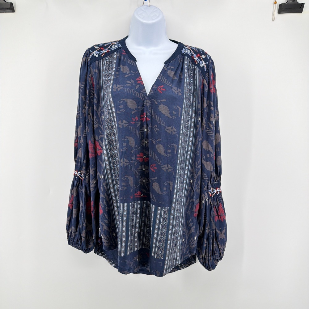Lucky Brand Blue Embroidered Yoke Floral Boho Peasant Blouse Balloon Sleeve L